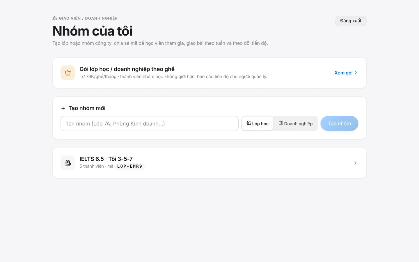 Trang Nhóm của tôi: tạo nhóm lớp học hoặc doanh nghiệp, danh sách nhóm