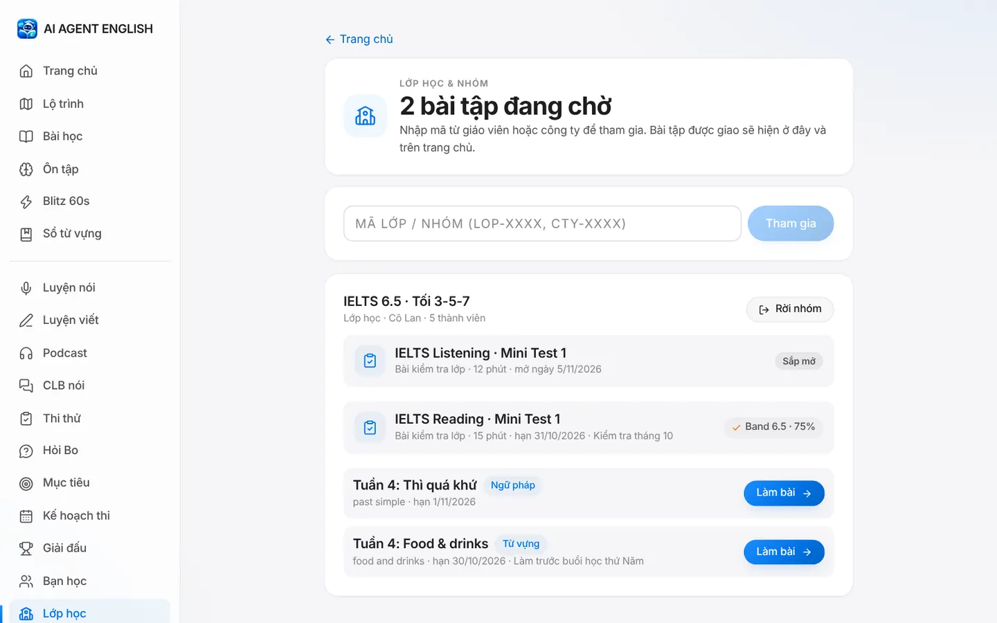 Trang Lớp học với bài kiểm tra lớp, điểm đã làm và bài tập đang chờ