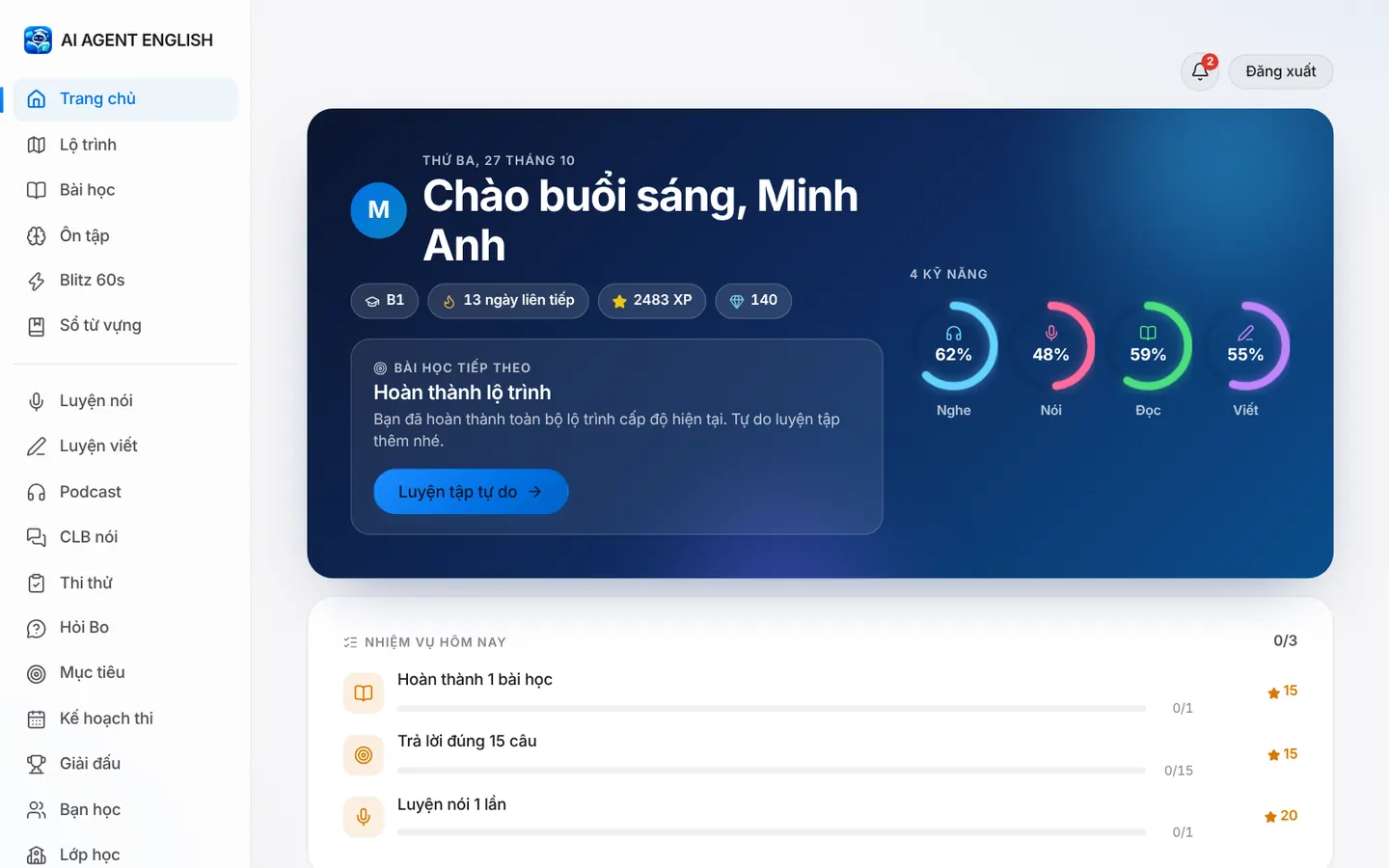 Trang chủ người học: lời chào, chuỗi ngày, XP, 4 vòng kỹ năng, bài học tiếp theo và nhiệm vụ hôm nay