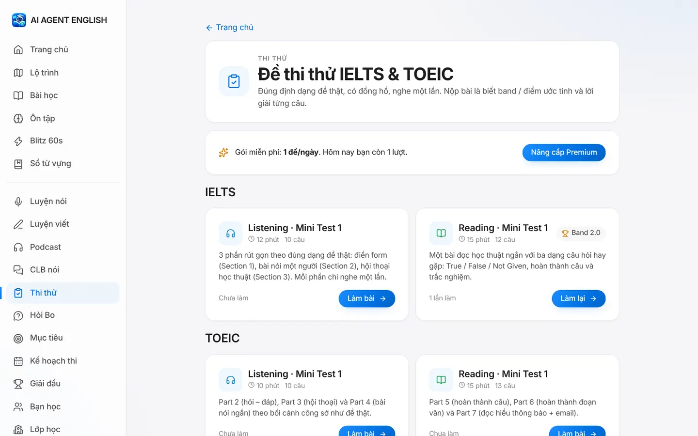Thư viện đề thi thử IELTS và TOEIC, kèm thi Speaking với giám khảo AI