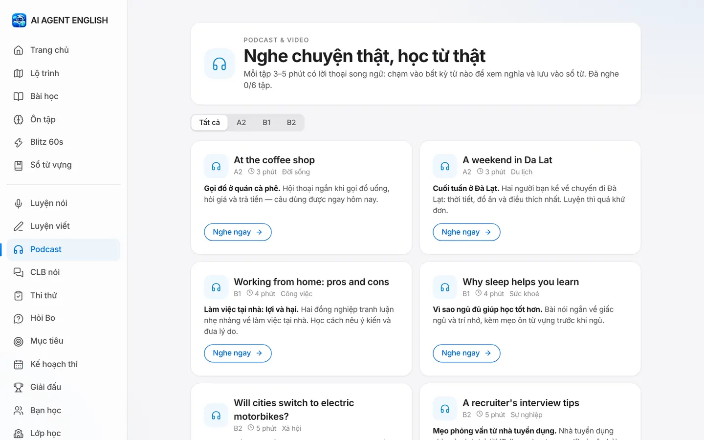 Thư viện podcast theo trình độ với nhiều chủ đề đời sống và công việc
