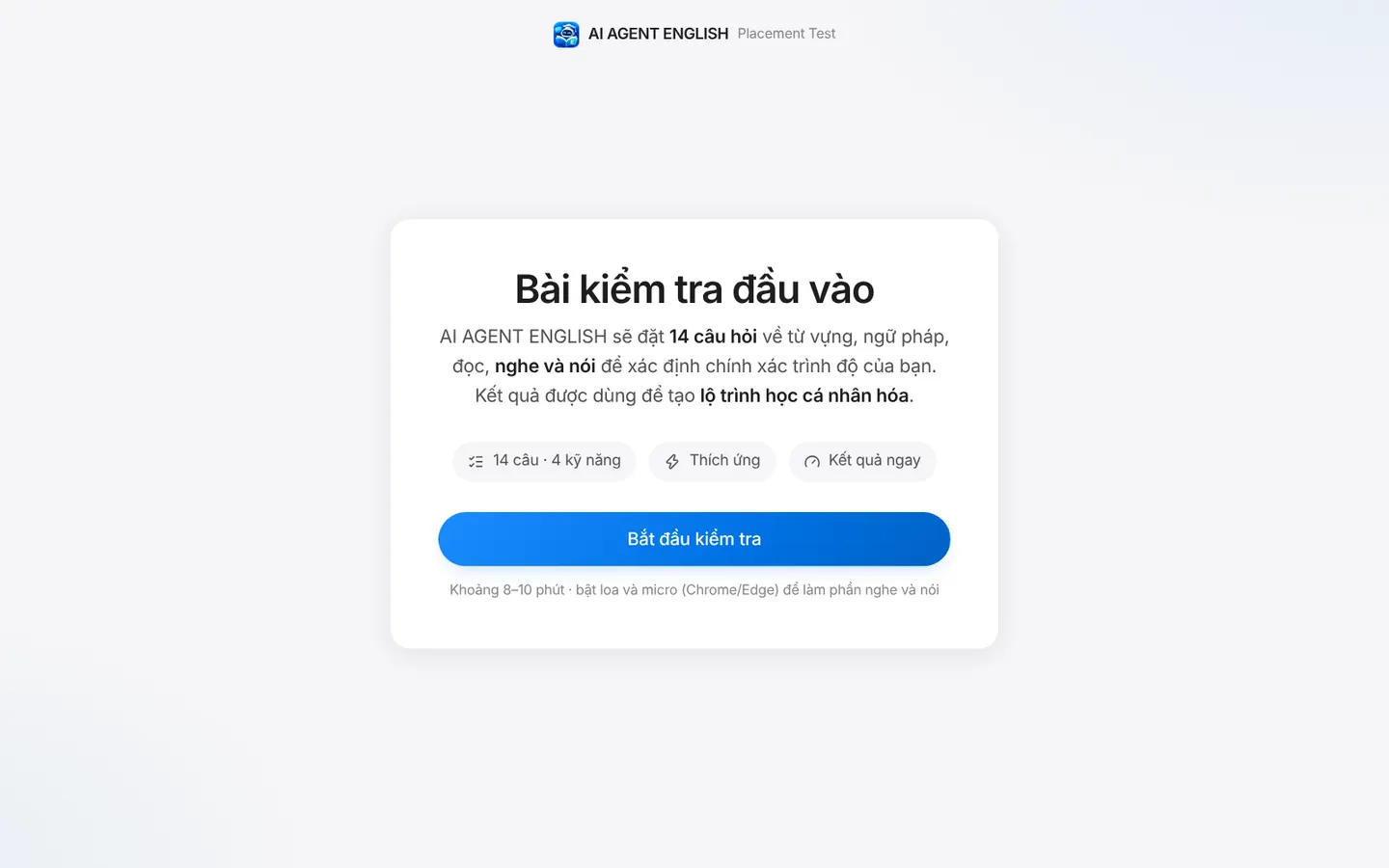Màn hình bắt đầu bài kiểm tra đầu vào: 14 câu, 4 kỹ năng, kết quả ngay
