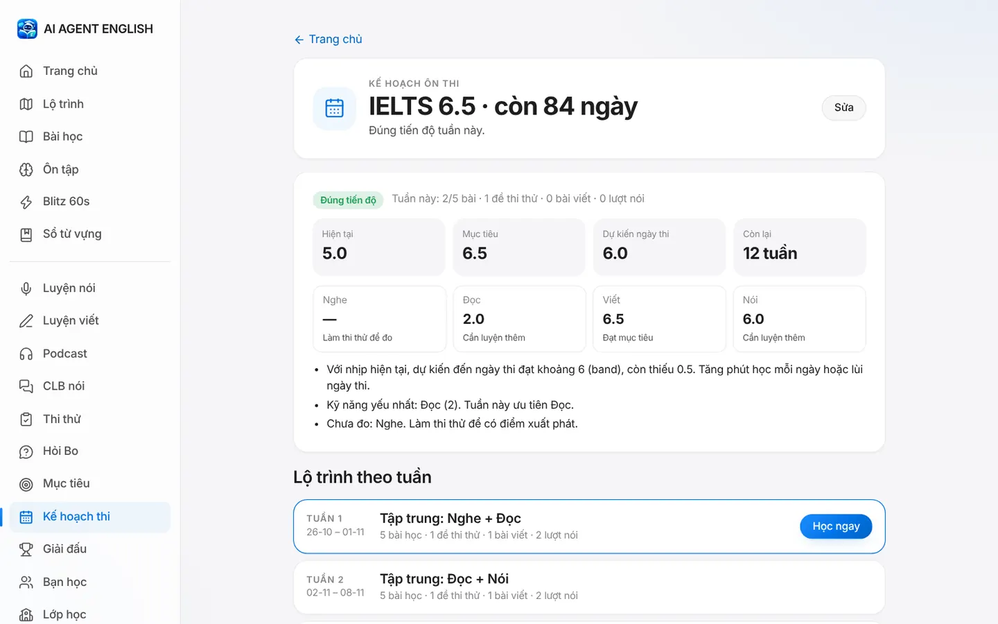 Kế hoạch ôn thi IELTS 6.5 còn 84 ngày, điểm hiện tại từng kỹ năng và lộ trình theo tuần