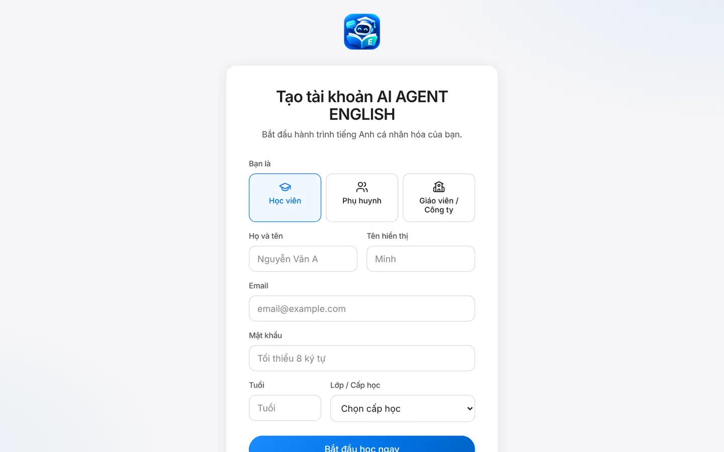 Trang tạo tài khoản AI AGENT ENGLISH với ba lựa chọn Học viên, Phụ huynh, Giáo viên / Công ty