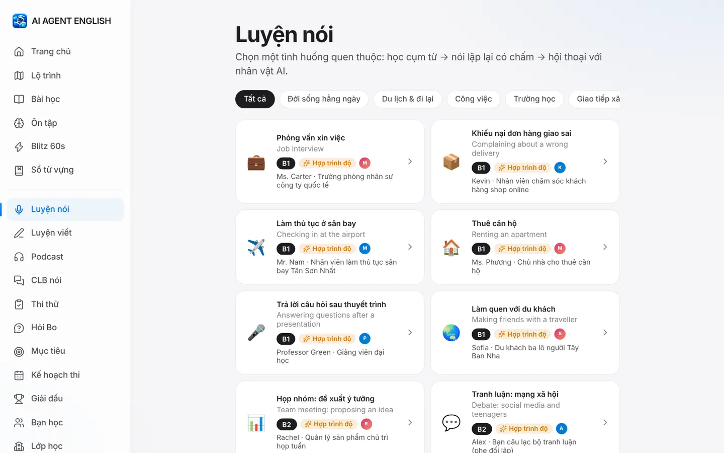 Danh sách tình huống luyện nói như phỏng vấn xin việc, làm thủ tục sân bay, thuê căn hộ