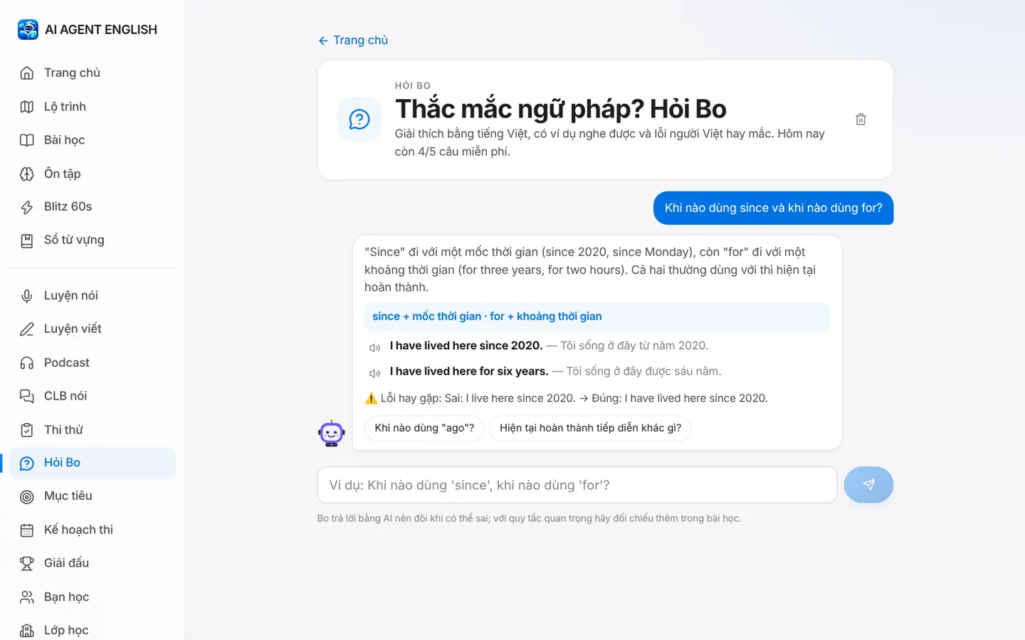 Hỏi Bo giải thích khác nhau giữa since và for, có ví dụ và lỗi hay gặp