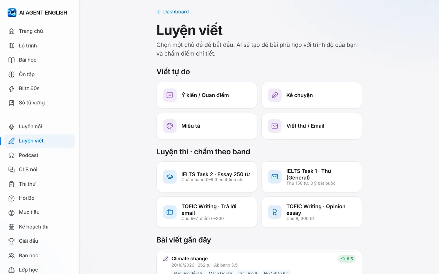 Trang Luyện viết với các dạng viết tự do và luyện thi chấm theo band
