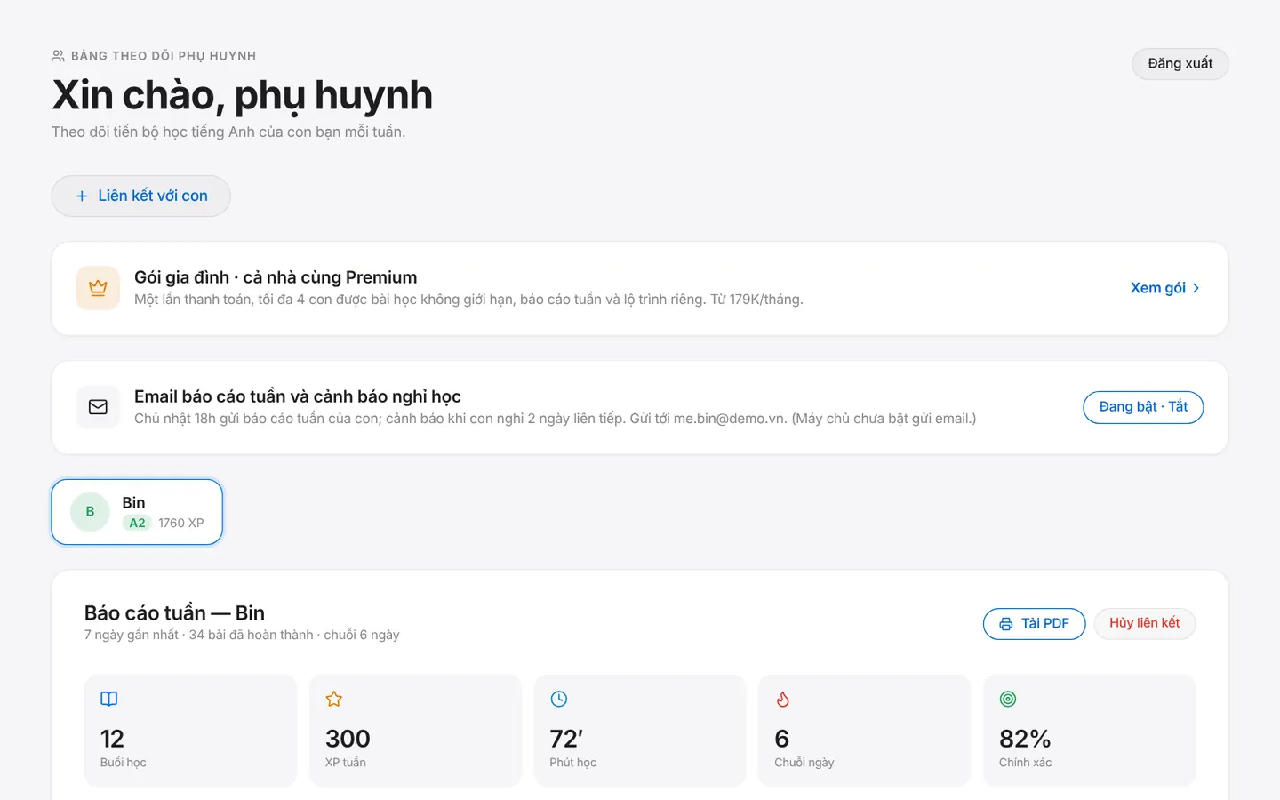 Trang phụ huynh với báo cáo tuần của con: buổi học, XP, phút học, chuỗi ngày, độ chính xác