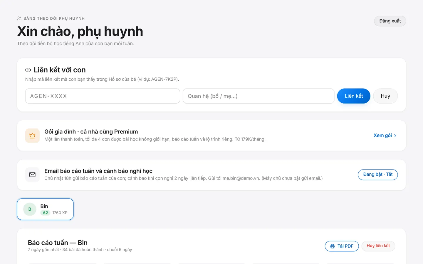 Ô nhập mã liên kết với con trên trang phụ huynh