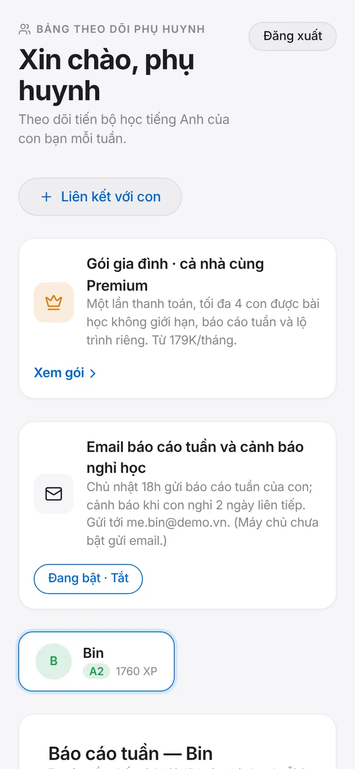 Trang phụ huynh trên điện thoại