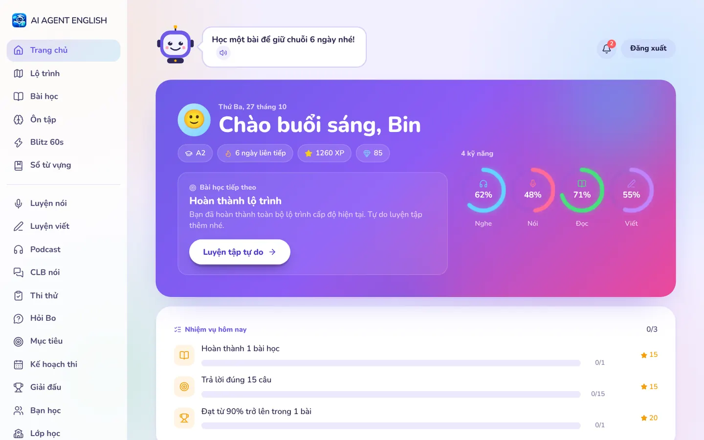 Trang chủ giao diện vui nhộn của học sinh với linh vật Bo, chuỗi ngày và nhiệm vụ hôm nay