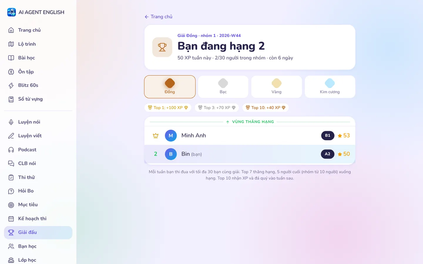 Bảng giải đấu tuần với hạng Đồng, Bạc, Vàng, Kim cương và vùng thăng hạng