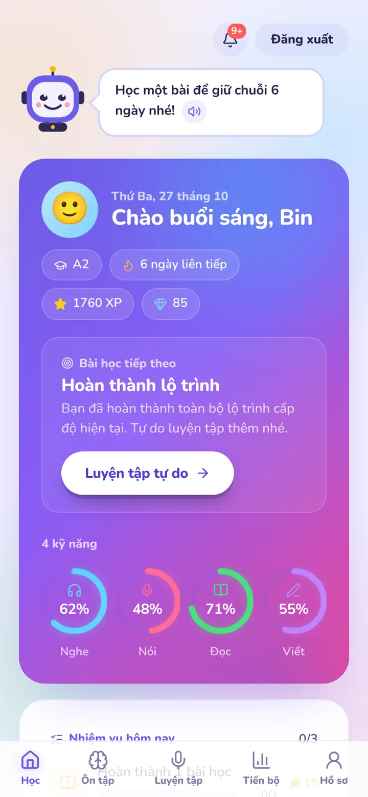 Trang chủ học sinh trên điện thoại