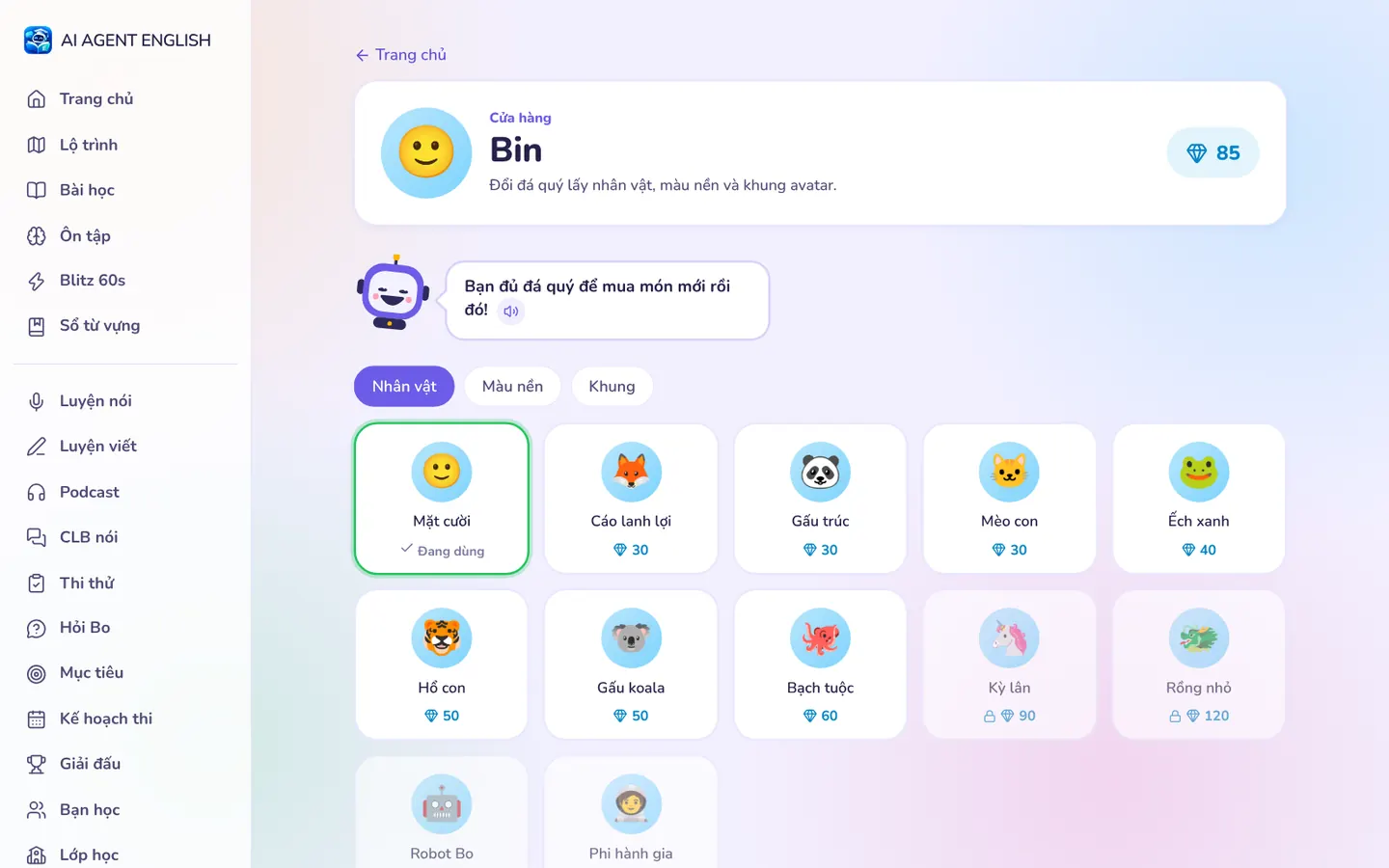 Cửa hàng với các nhân vật như cáo, gấu trúc, mèo con, kỳ lân, rồng nhỏ